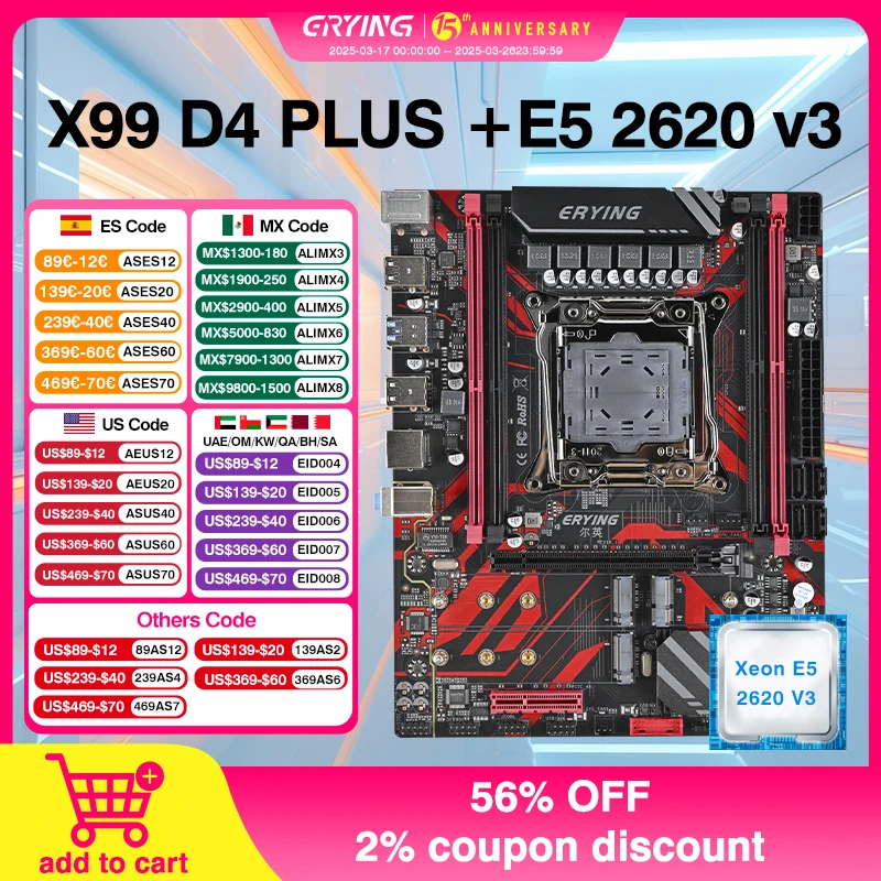 ERYING Kit XEON Completo X99 Motherboard with E5 2620 V3 CPU Processor Combo Set LGA2011-3 placa mãe x99 DDR4 NVME