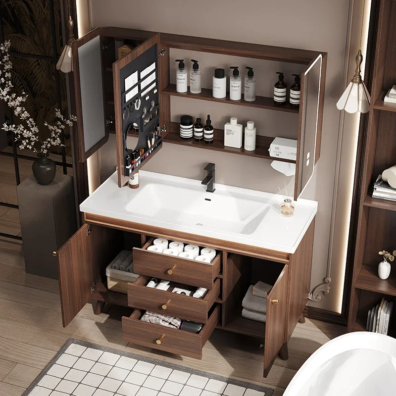 

walnut bathroom cabinet combination ceramic integrated basin floor-to-ceiling toilet hand and face wash basin