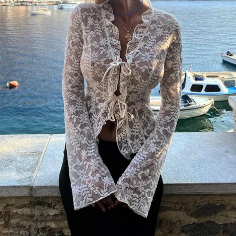 2025 Autumn New V-neck Lace Tie Long Sleeve Sheer Base Shirt Short Cardigan Top