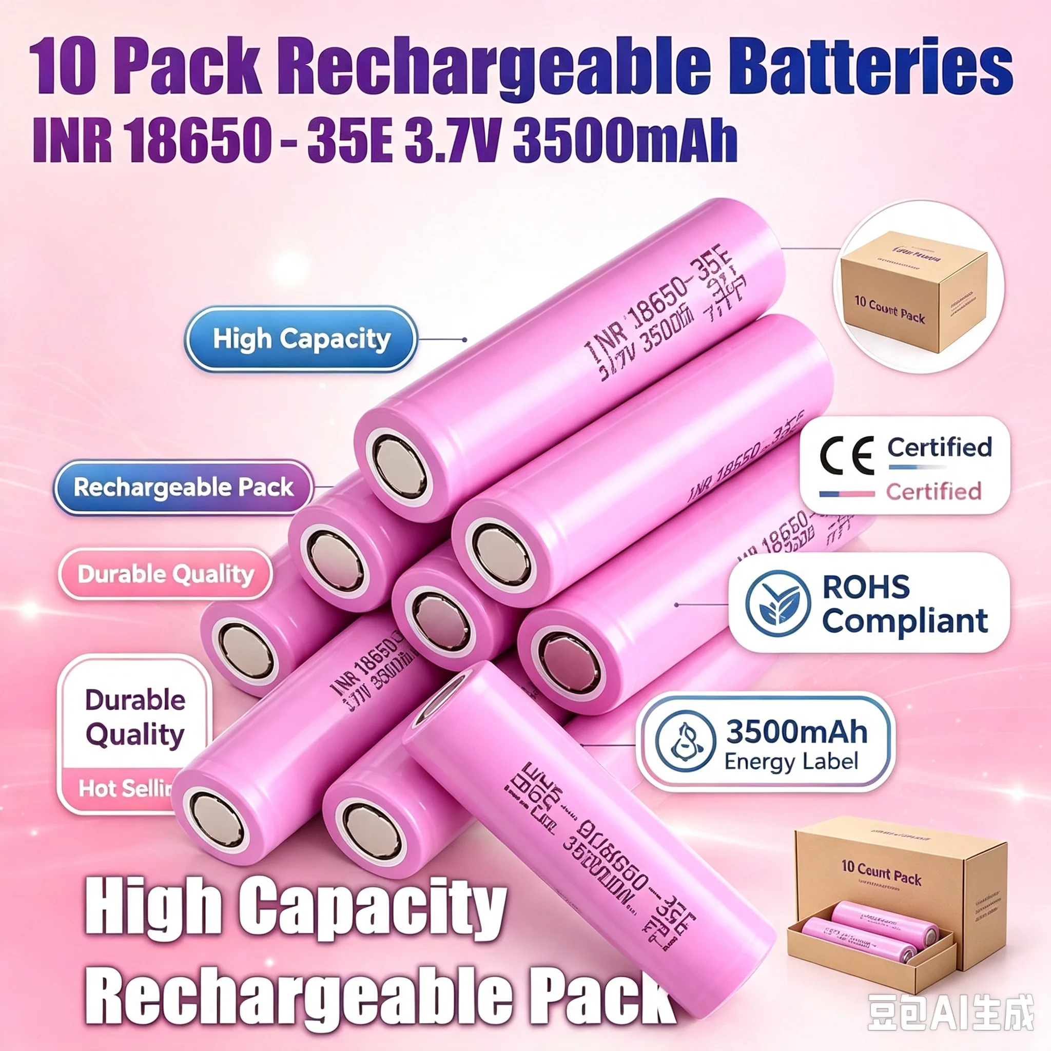 Image of DAWEIKALAPackung mit 10 wiederaufladbaren 18650 Lithium-Ionen-Batterien, 3,7V 3500mAh Hochleistungszellen für Elektrowerkzeuge, Taschenlampen, Elektrofahrräder, stabile wiederverwendbare Leistung