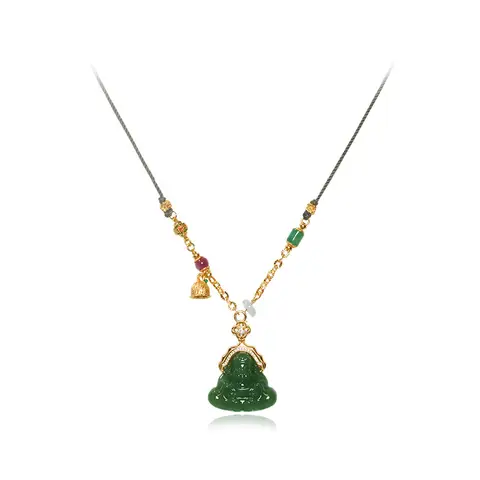 Titanstålkedja Leende ansikte Buddha-staty Grön imitation jadehänge halsband för kvinnor Tursmycken gåvor flickor 10 best sales titanhalsband - №7