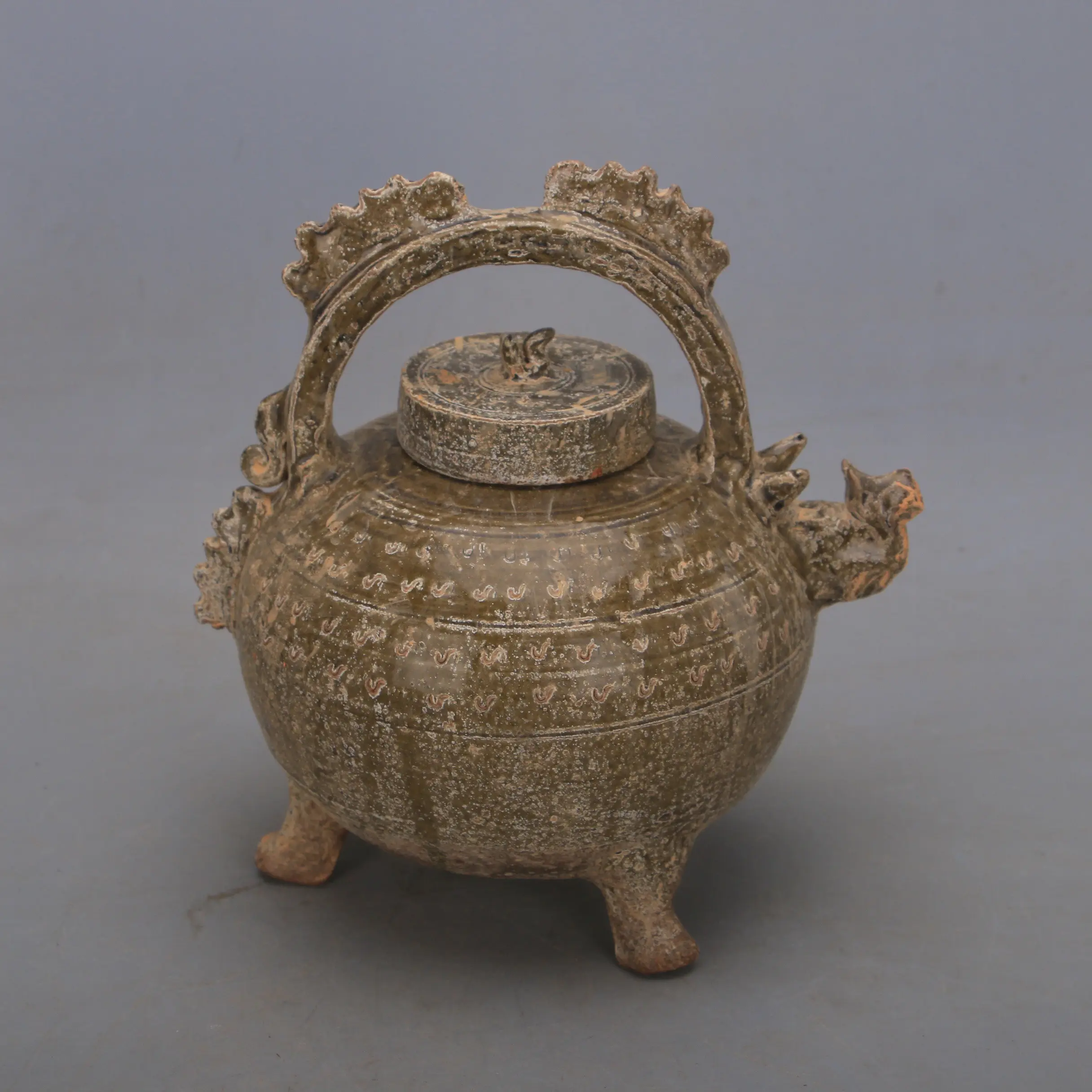 Handmade Tang Style Yue Ware Green Glaze Dragon Phoenix Loop Handle Teapot Home Decor Collectible