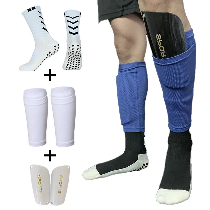 A Set Football Shin Guards With Pocket Practical Leg Sleeves Adult Support Anti-Slip Sock Compression Calf Protector Soccer Gear