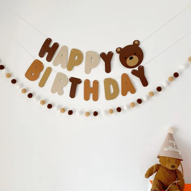 New Brown Bear Birthday Letter Pull Flag Baby Full Moon First Birthday kids Party Setup Banner