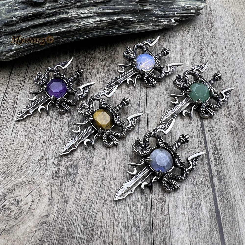 10PCS Natural Gems Crystal Lapis Amethysts Rose Quartzs Bead Paved Vintage Sword Pendant MY230424