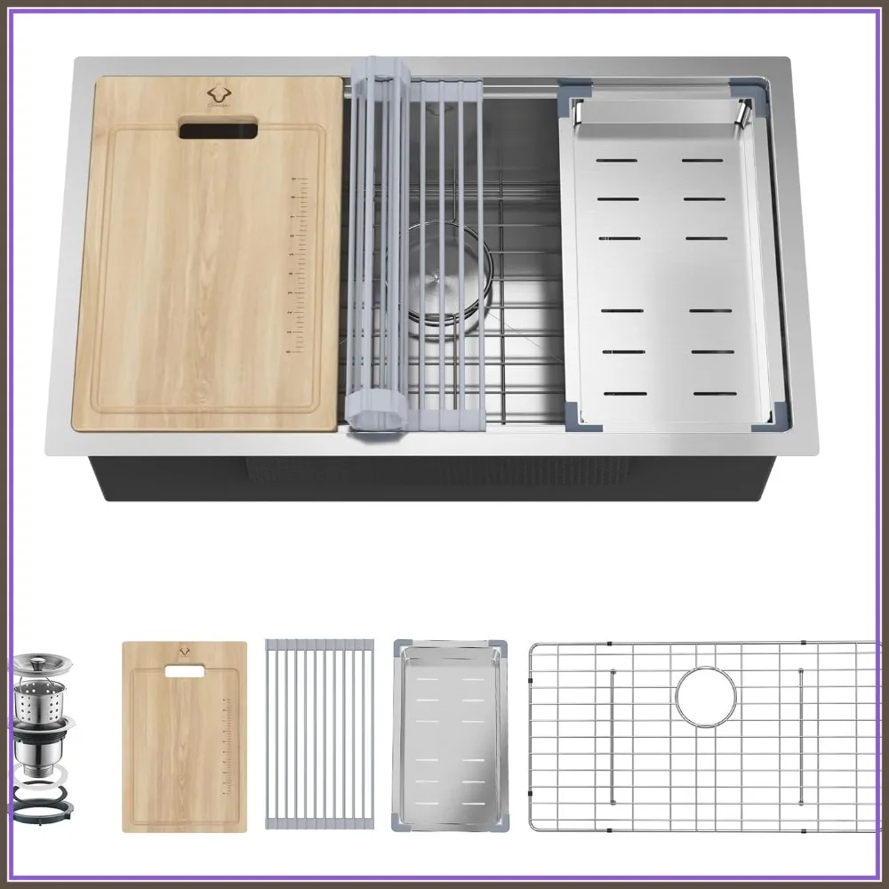 

30 Inch Undermount Kitchen Sink 16 Gauge Stainless Steel Workstation Sink Single Bowl 30x19x10