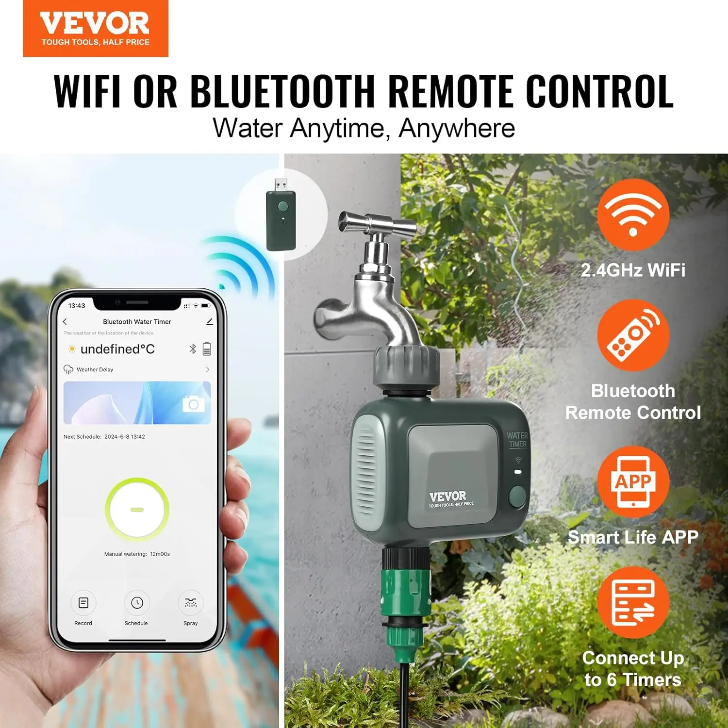 WiFi Sprinkler Timer, Single Outlet, Smart Hose Faucet Water Timer with Brass Inlet, APP Control via 2.4Ghz WiFi or Bluetooth