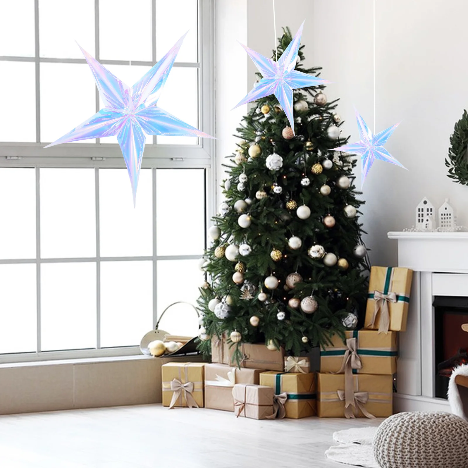

4Pcs Iridescent Five Pointed Star Party Decorations Christmas Tree Hanging Ornaments Backdrop Banner Supplies Hanging Star
