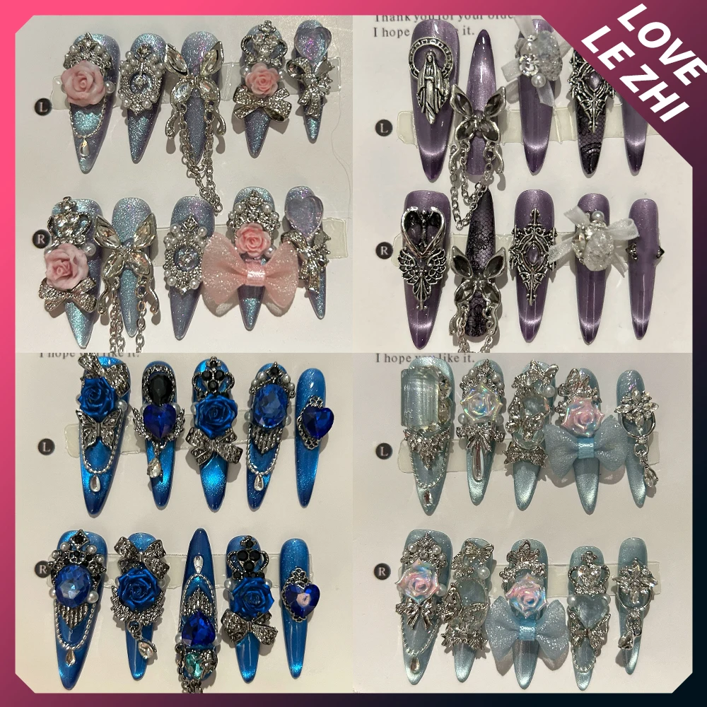 

Длинные туфли-шпильки ручной работы с рисунком Hellokitty, накладные ногти, роскошные блестящие стразы, металлический бант-бабочка, жемчужный пресс на ногтях