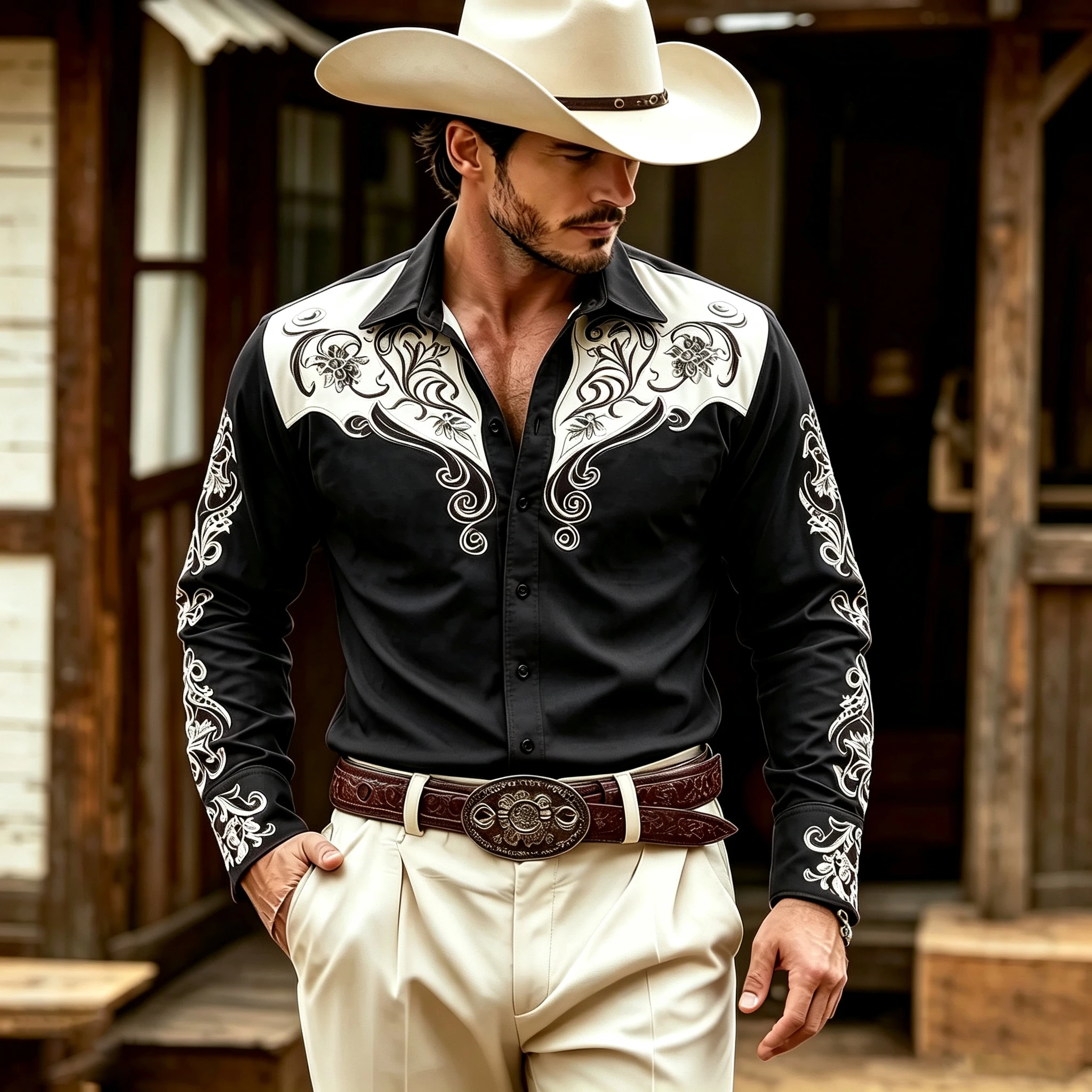 Men's Western Cowboy Print Long-Sleeve Shirt, White Vine Floral Print Collared Shirt, American Retro Western Style Top