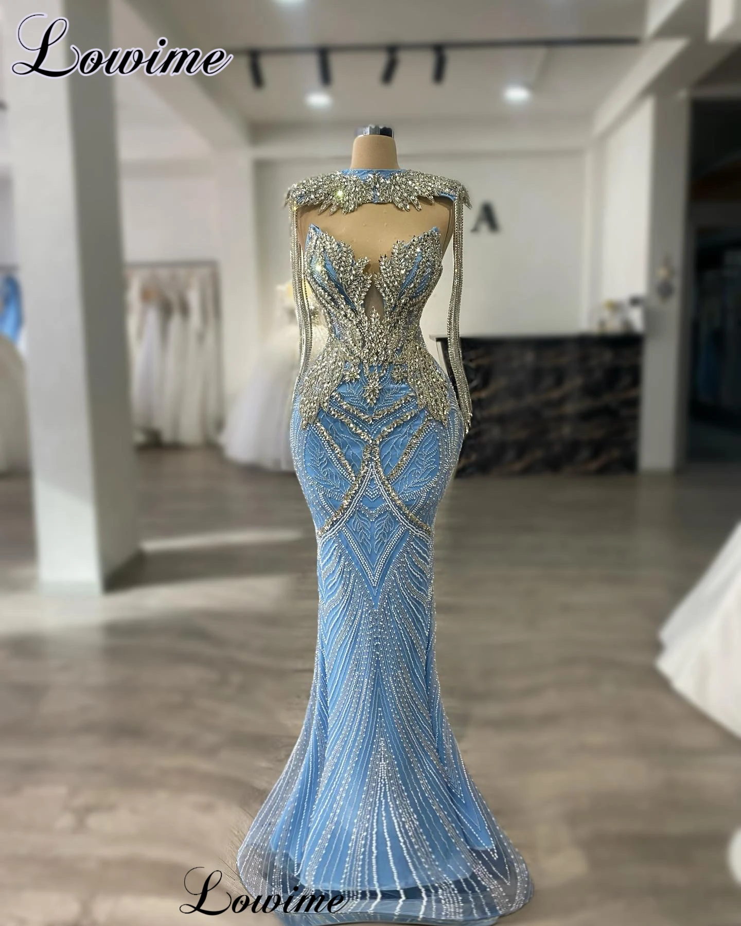 

Two Pieces Sky Blue Prom Dresses With Crystals Bling Bling Mermaid Cocktail Dresses Party Gowns Vestidos De Cóctel Customized