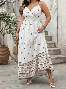 Dámské letní šaty s květinovým potiskem, bez rukávů, špagetovými ramínky, zavinovacím výstřihem do V, dlouhým splývavým rukávem a plážovými šaty 8 nejlepší prodej AliExpress Plus - №5