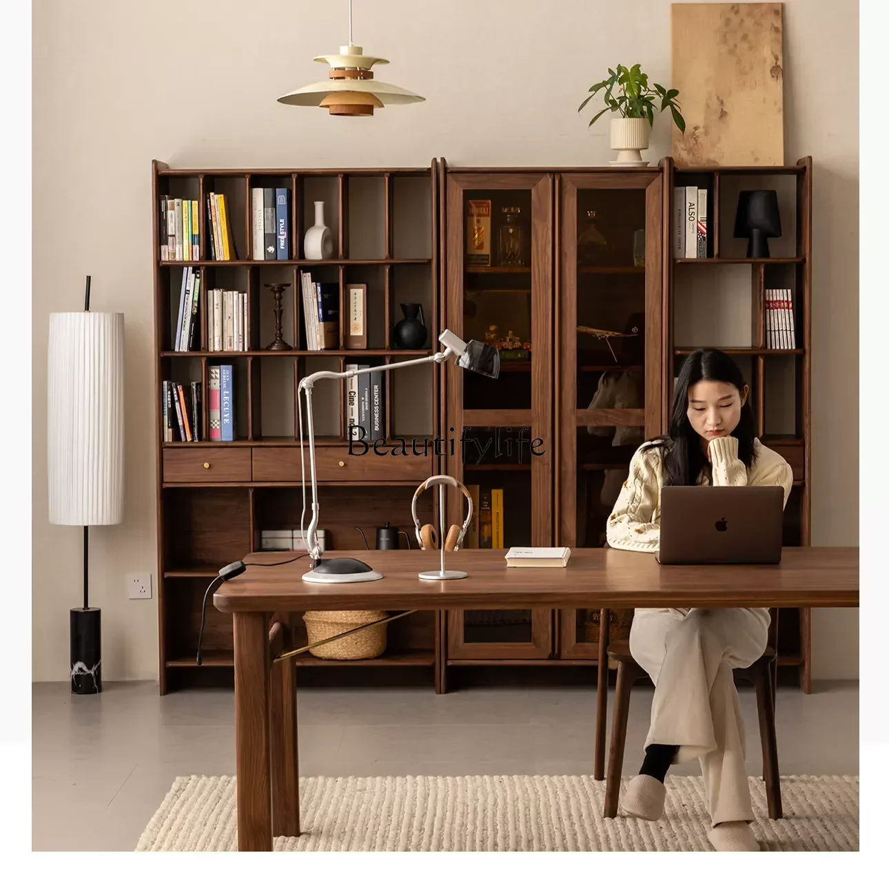 

yj9 North American black walnut bookcase with glass door narrow cabinet vertical cabinet solid wood two door bookshelf