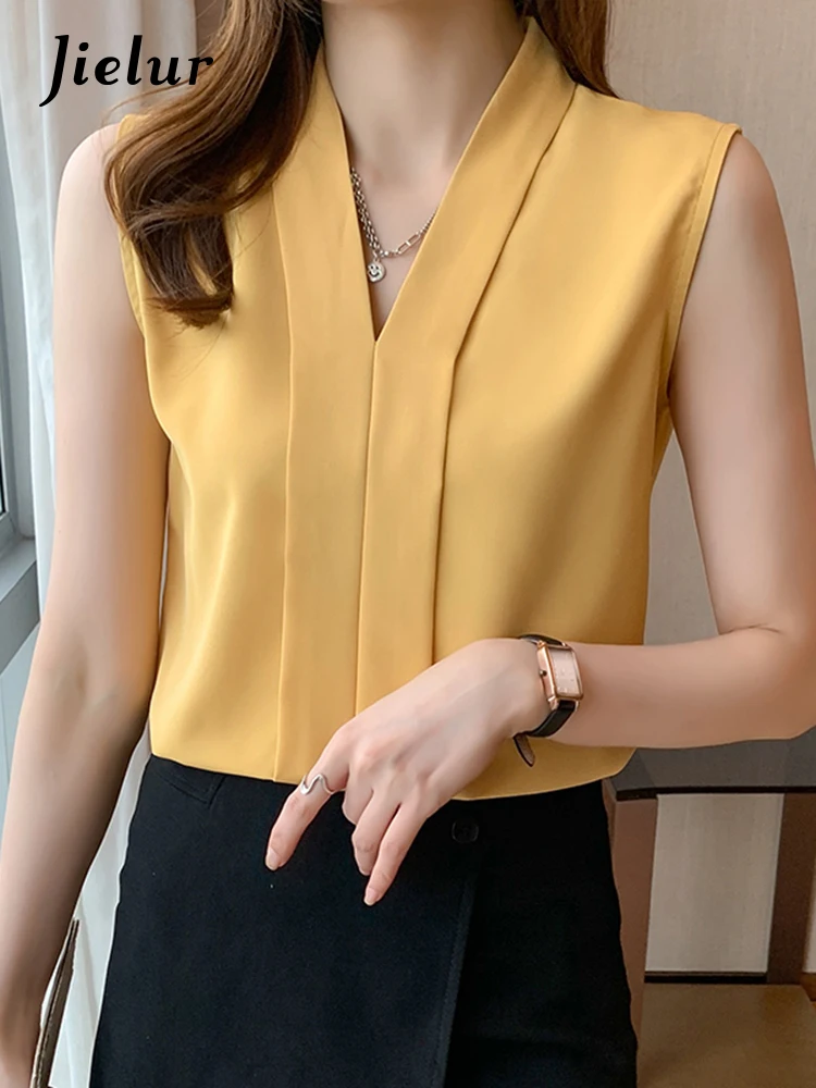 Jielur Chiffon Blouses Women Summer Sleeveless Tank Top V-Neck White Shirt Female Elegant Solid Color Office Lady Chic Blouse