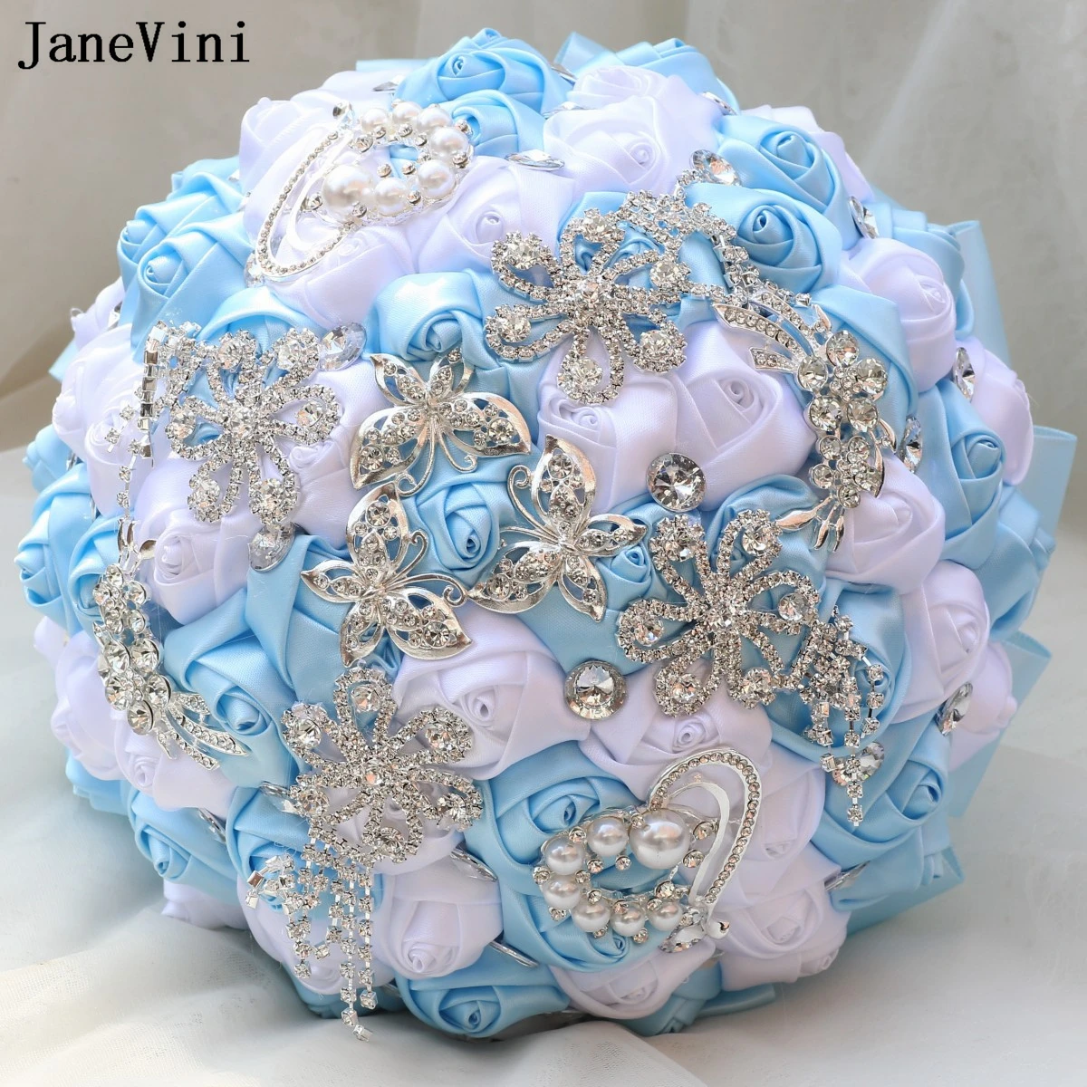 

JaneVini Bling Silver Crystal Jewelry Bridal Bouquets Handmade Satin Roses Romantic Sky Blue White Wedding Bride Holding Flowers