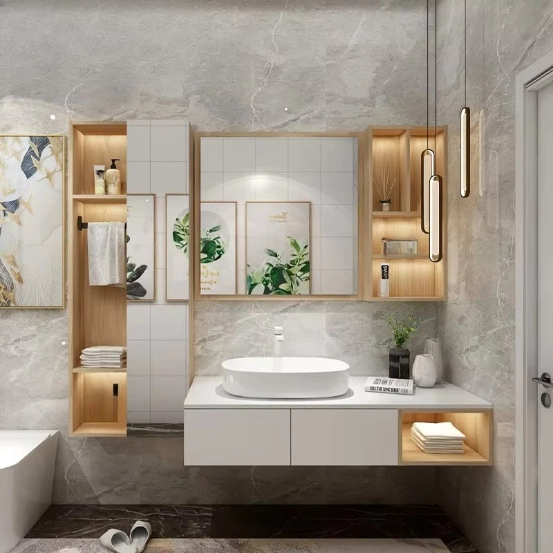 Factory Supply Wall Mounted Bathroom Cabinet Set with Basin Mirror Solid Wood Vanity