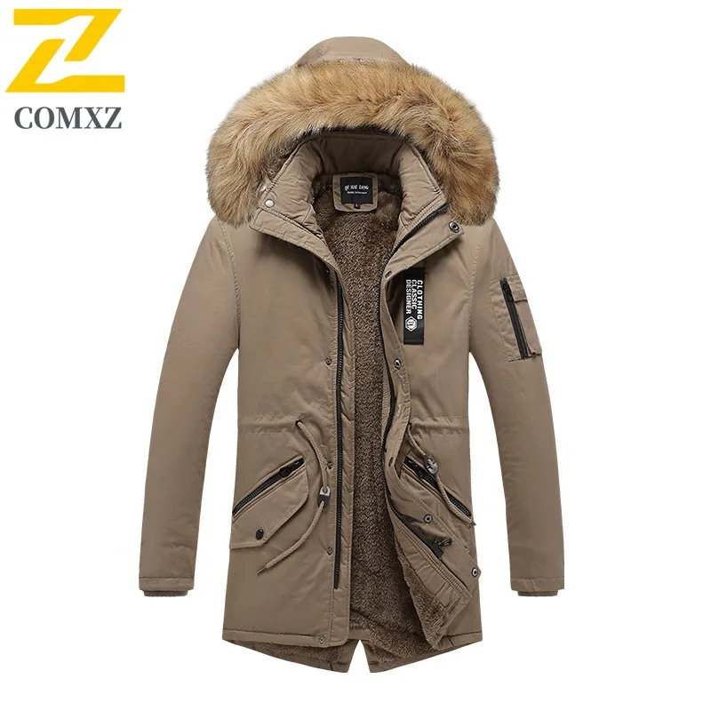 COMXZ 2025 Men Cotton Coat Winter Luxury Designer Detachable Lined Wool Collar Jacket Korean Mid-long Warm Wool Blended Overcoat