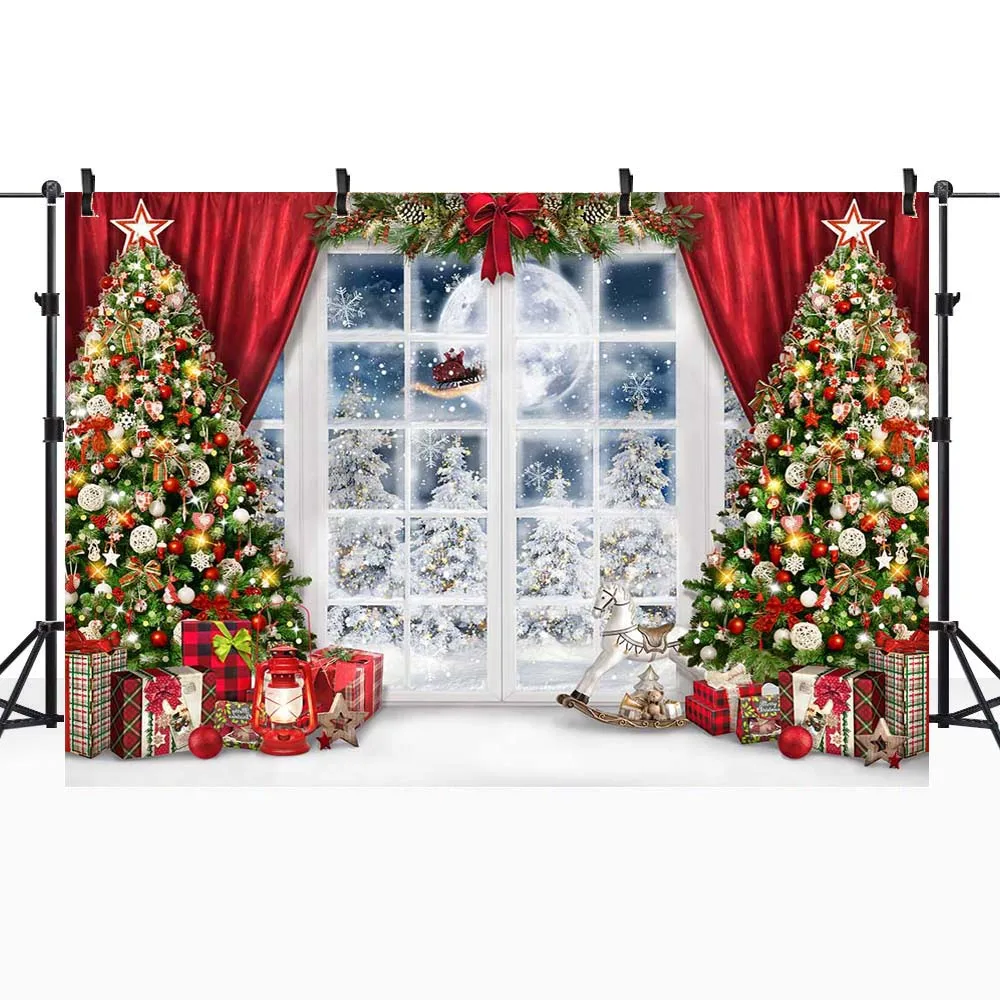 Mocsicka Giáng Sinh Phông Nền Chụp Ảnh Xmas Cây Cửa Sổ Tuyết Trăng Tròn Hình Nền Trẻ Chân Dung Bắn Phòng Thu Đạo Cụ