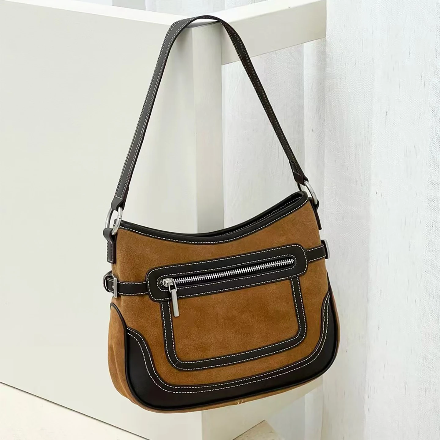 Suede Cowhide Underarm Bag Shoulder Bag Splice Woman Fashion Premium Feel Zipper Shoulder Bag Commute Color Blocking