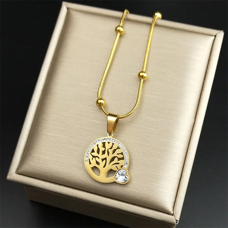 

Luxury Heart Tree of Life Crystal Necklace for Women Stainless Steel Gold Color Clavicle Chain Necklace Wedding Jewelry NZZZ66