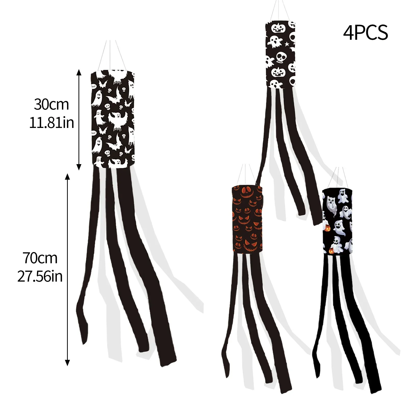 4Pcs 2025 Halloween Wind Sock Flags with Ghost Pattern Polyester Hallows' Eve Hanging Flag for Outdoor Party Halloween Decor