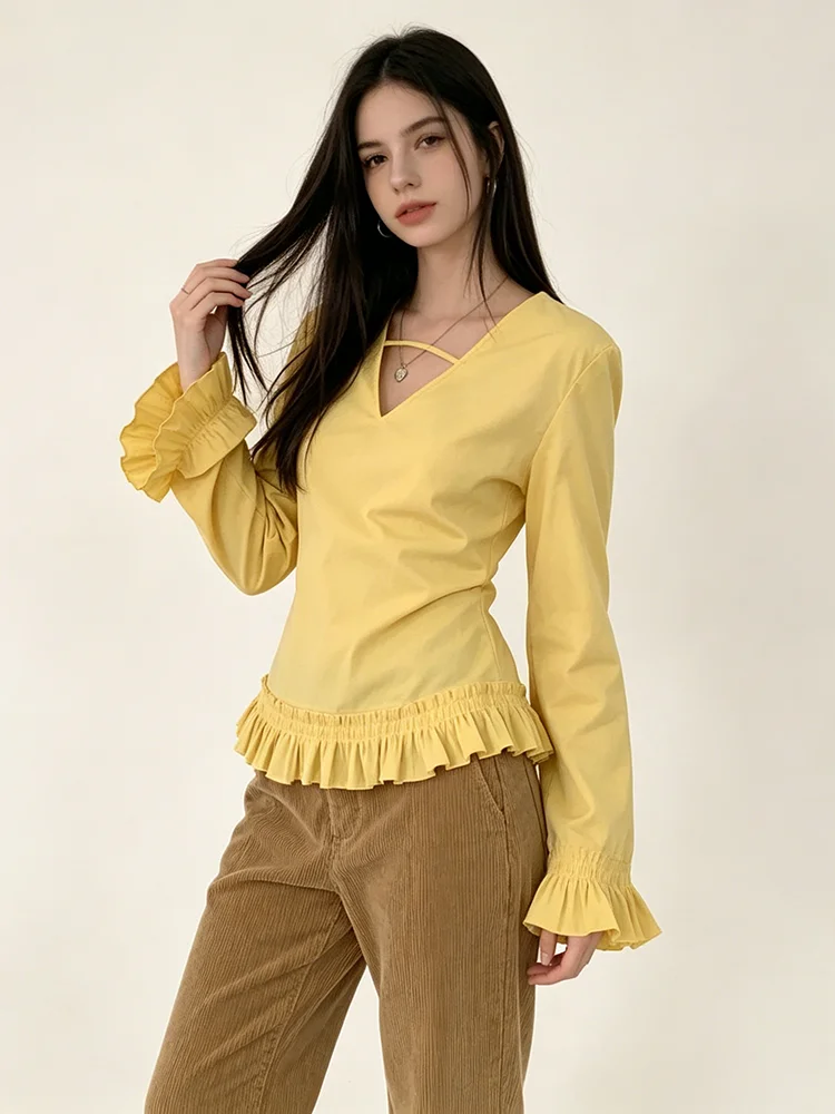 

Женская блузка Nova 2026 Spring Yellow с V-образным вырезом, оборками по низу, длинными рукавами, элегантная повседневная рубашка с вырезами на горловине