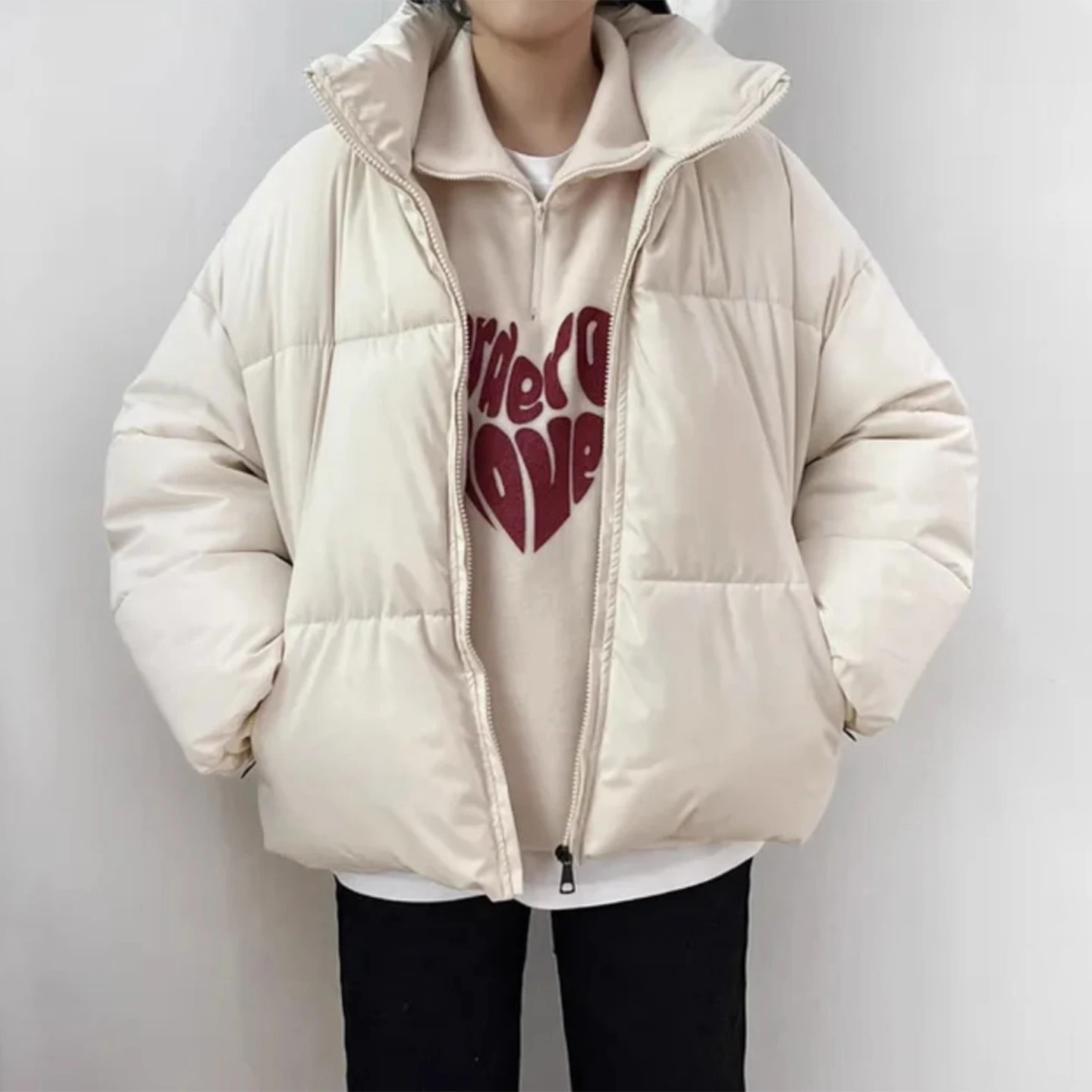 

Женская теплая хлопковая верхняя одежда Thiened Bread Jaet, свободная однотонная одежда с воротником-стойкой, зимняя новинка, корейская версия, Long Sve