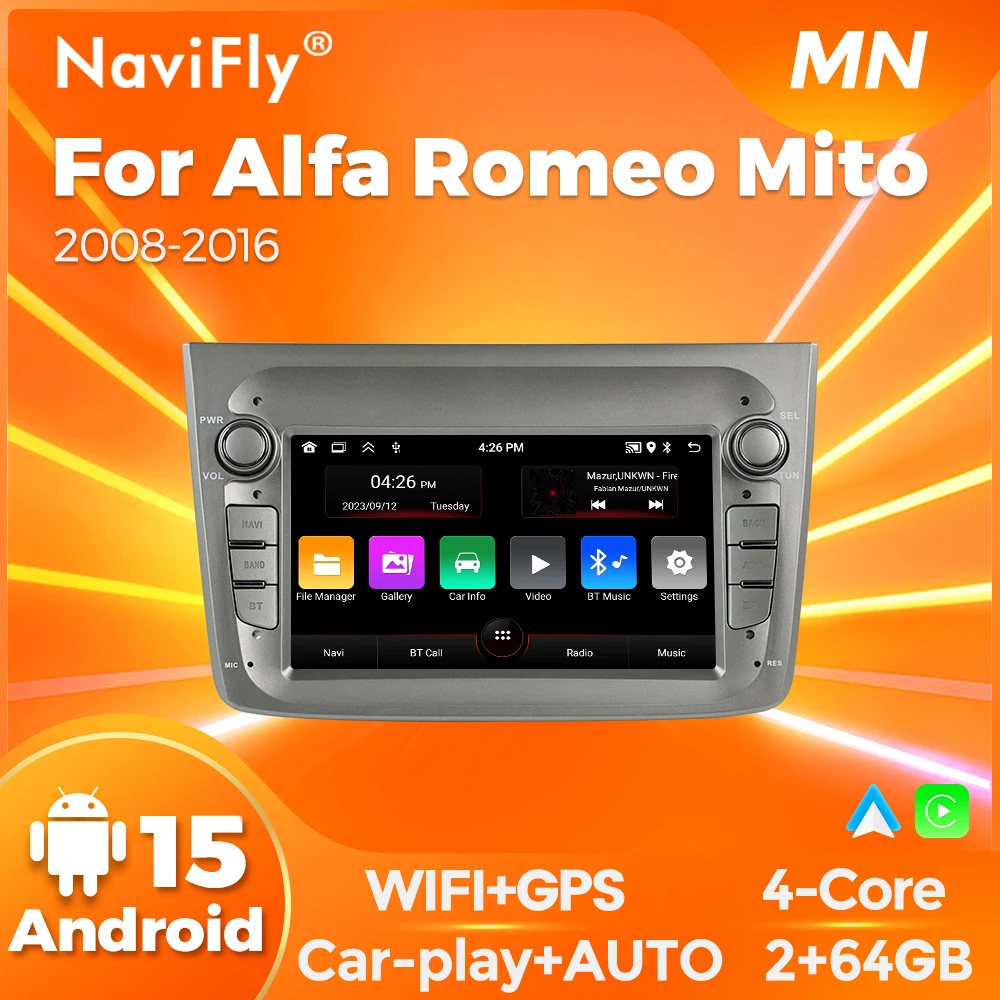 Navifly 1DIN Android Car Radio Stereo For Alfa Romeo Mito 2008 2009 - 2019 Wireless CarPlay Android Auto Intelligent Multimedia