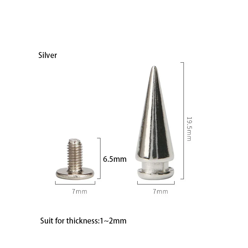 7*20mm 100sets Zine Alloy Tower Type Punk Spike Cone Spots Studs Leathercraft Rivets Bullet Spikes for Leather