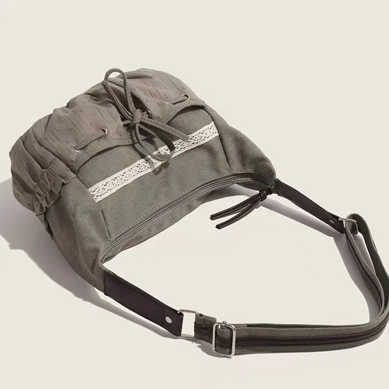 2025 NEW Sweet Cool Bow Canvas Shoulder bags Women Vintage Drawstring Chic Casual Crossbody Bag Ladies Retro Messenger bag bolso image 6