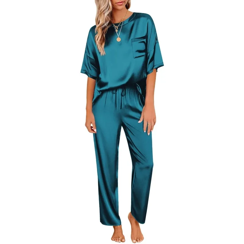 

Womens Satin Silky Pajama Set Short Sleeve Shirt with Long Pajama Pant Set Soft PJ Loungewear