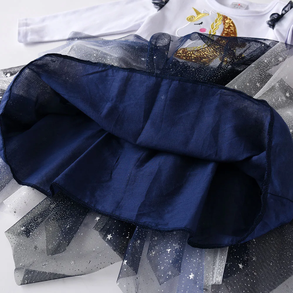 DXTON Sequined Unicorn Children Dresses Irregular Mesh Tutu Skirts Flying Sleeve Princess Dress For Girls Autumn Winter Clothing