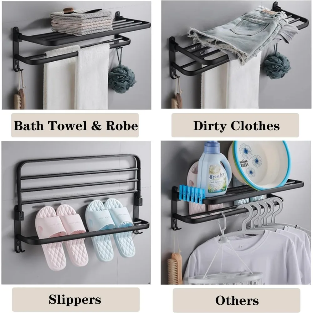 Bathroom Towel Rack with Double Bar and Foldable Shelf, Rust-Resistant Wall-Mounted Organizer