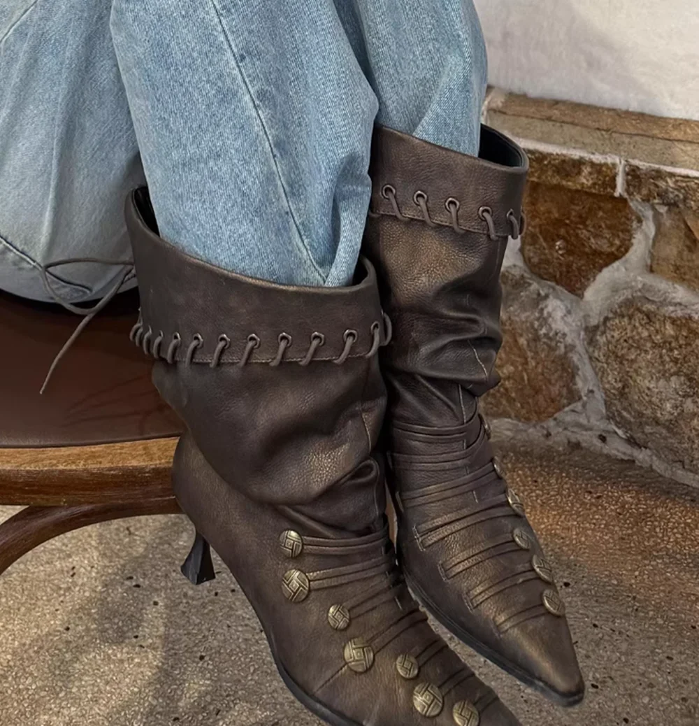 Distressed Slouch Pointed Toe Mid-Calf Boots Retro Button Strap Details Fold-Over Cuff with Lace-Up Trim Western Style