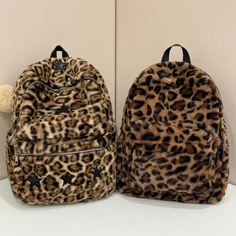 Winter Leopard Print Plush Backpack Fashion Y2k Star Print Large Capacity Student School Bag European American Travel Backpack