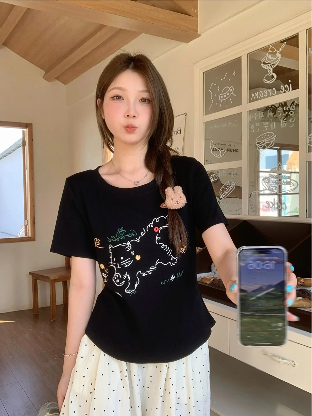

plus Size Women's Korean Style Short Sleeve T-Shirt Summer New Cartoon Print Loose Slim round Neck Versatile Anti-Aging T-Shirt