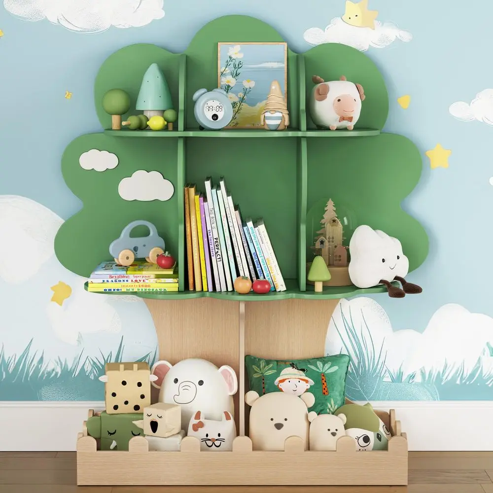 

Детская книжная полка Tree Kids с нижней перегородкой, книжная полка для малышей, детская полка Монтессори и место для хранения игрушек, деревянный книжный шкаф