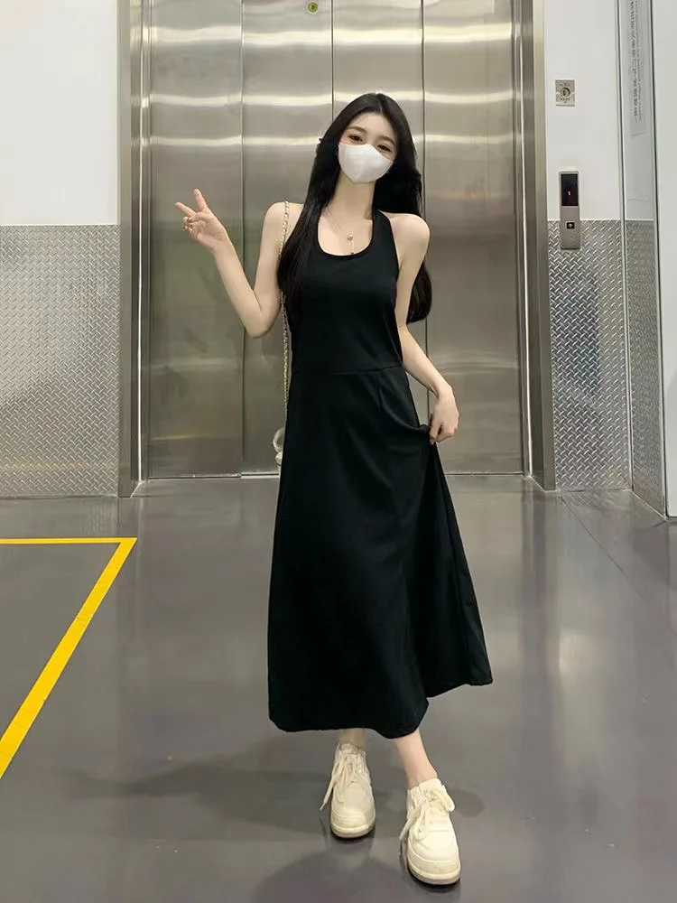 2024 New Cool Wind Tie Up Top Large Drop Feel Split Neck Hanging Strap Long Dress Two Piece Set for Women