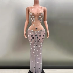 Sparkly Sequins Sexy See-Through Mesh Backless Sling Sheath Dress Evening Party Performance Costume Nightclub Singer Stage Wear