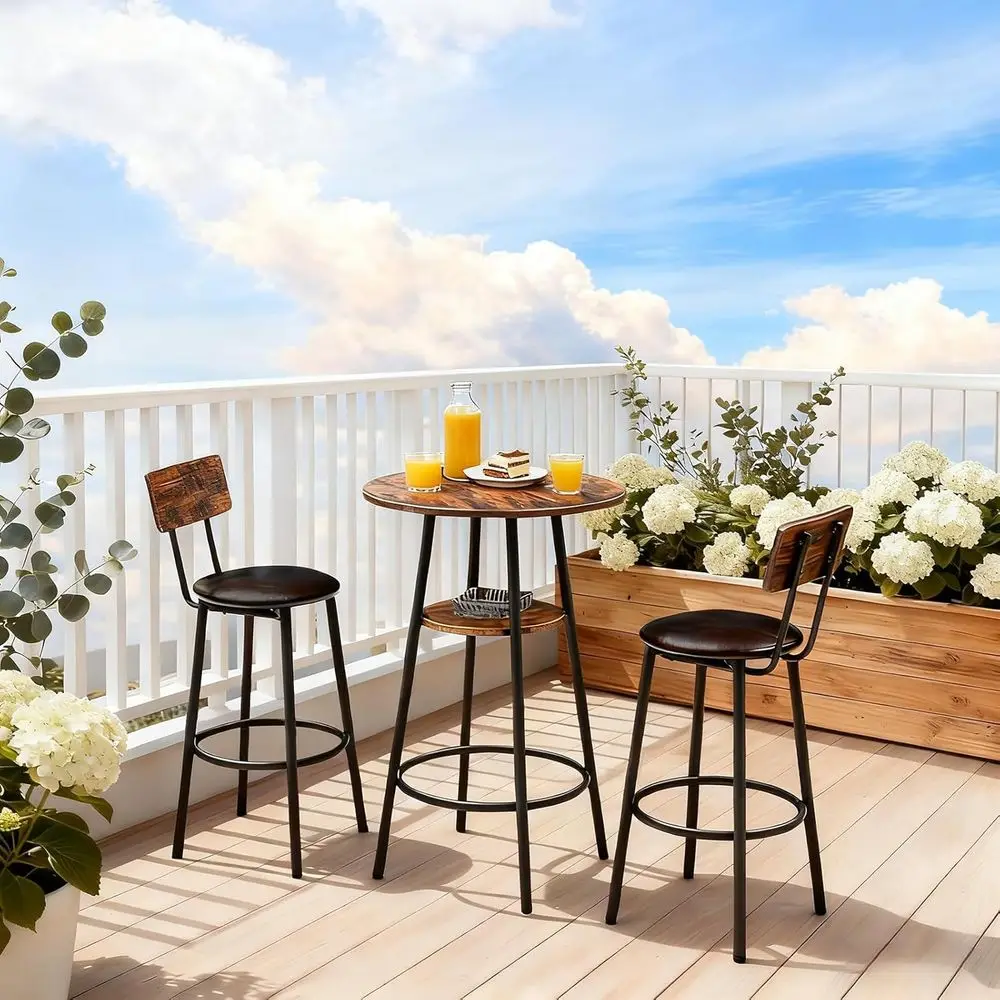 

3-Piece Round Bar Table Set or 2 with Storage, Small Dining Table with 2 PU Upholstered Bar Stools or Kitchen, Living Room, Bar,