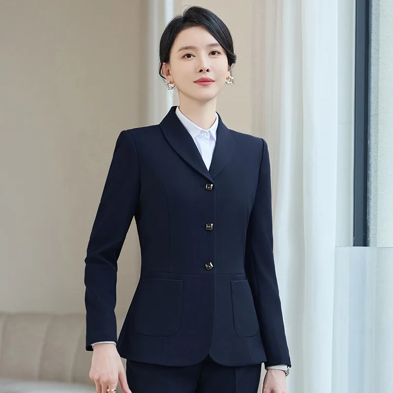 

2025Осенне-зимний новый темно-синий профессиональный деловой костюм для менеджера отеля, рабочая одежда, элегантный облегающий пиджак, комплект