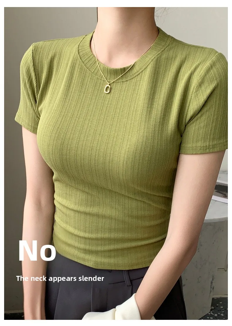 Sommerliches neues Damen-Rundhals-T-Shirt, gestricktes Kurzarm-Oberteil, lässiges Allround-T-Shirt, gestreiftes Basic-Shirt, schmal geschnitten, atmungsaktiv – Detail 6