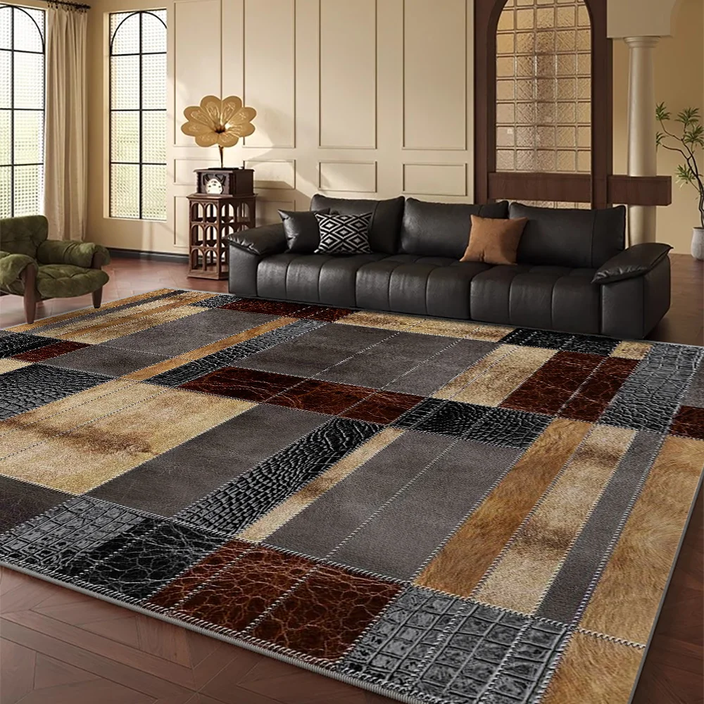 VIKAMA Vintage Patchwork Leather Texture Living Room Rug Stitched Square Block Design Non‑slip Wear‑resistant Indoor Carpet