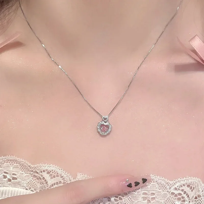 Y2k Pink Crystal Pendant Heart Necklace for Women Girls Chain Cute Love Simple  Aesthetic Necklaces Fashion Korean Jewelry Gifts