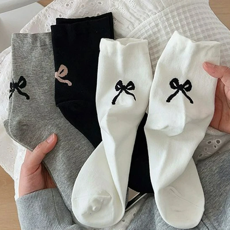 

3pairs Fashion Bow Long Socks Women Girls Cotton Sweet Bow Sock Casual Crew Loose Sox Streetwears Summer Thin Mid-tube Stockings