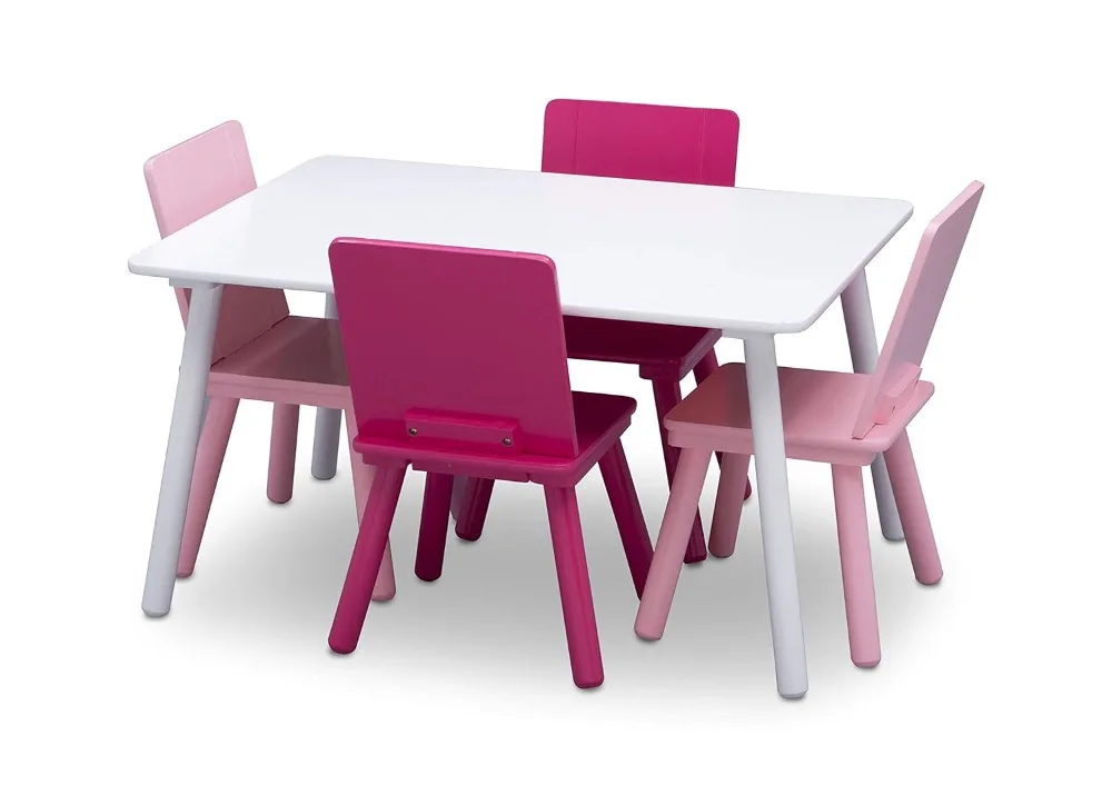 Conjunto de mesa e cadeira infantil infantil, conjunto de mesa e cadeira, 4 cadeiras incluídas, branco e rosa