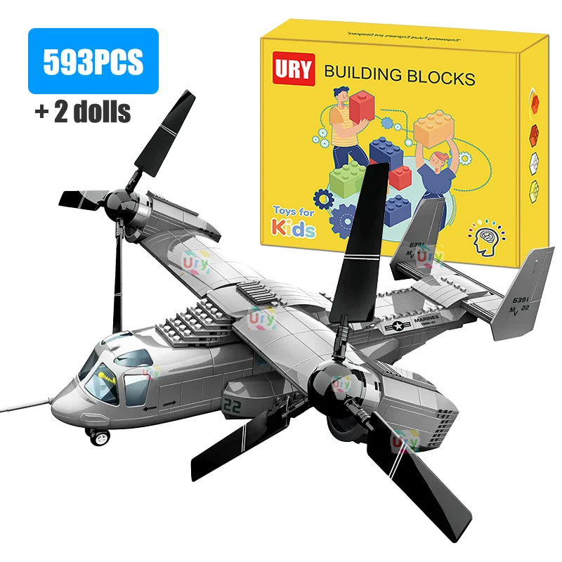 593pcs 1:44 Morden Army Warcraft US V-22 Osprey Tiltrotor Aircraft Military Plane Set DIY 3D Model Building Blocks Toy for Boys