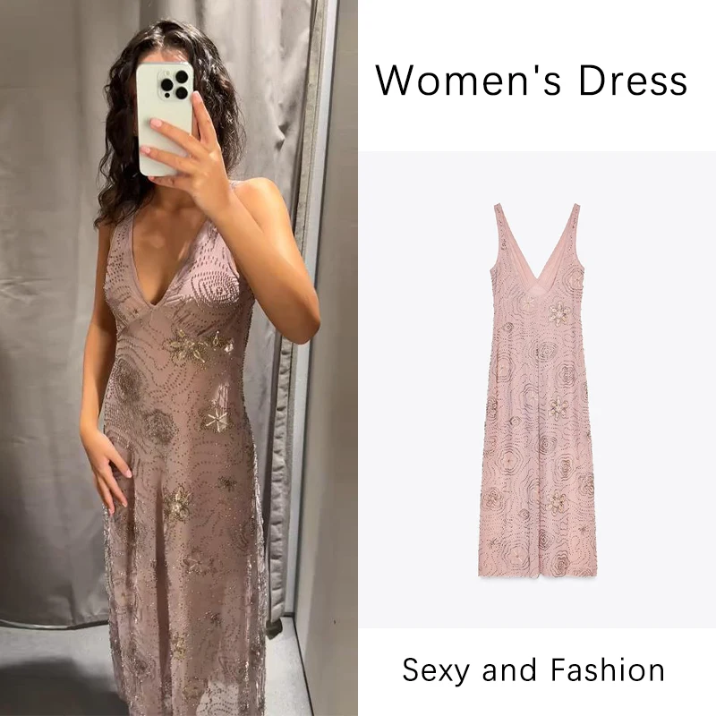 

Mesh Sling Dress Women V-neck Diamonds Ruffles Long Dresses Female Backless Sleeveless Spring Summer Casual Lady Holiday Dress