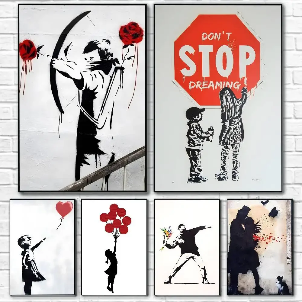 B-Banksy Graffiti Artwork Painting Girl with Red Balloon poster with prints Home bedroom living room decoration gift