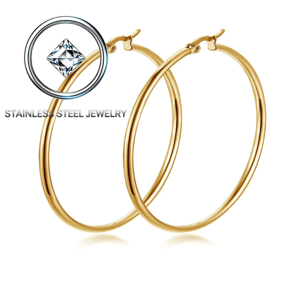 Gold-Color Stainless Steel Minimalism Hoop Earrings round 12-70mm Polished Surface for Women Romantic Party Jewelry